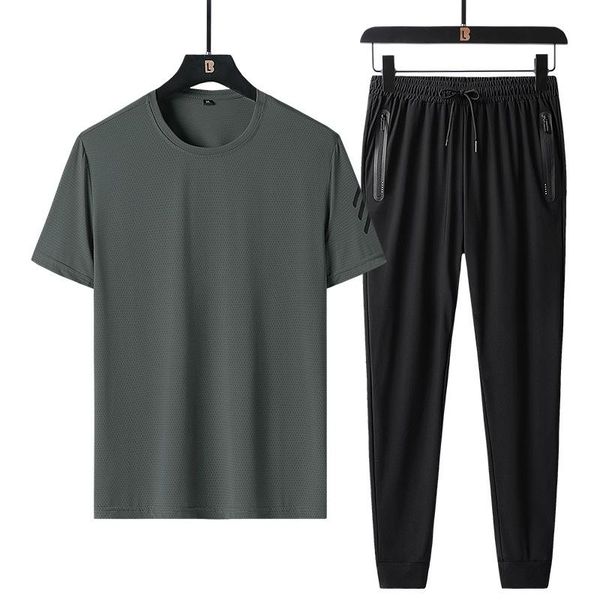 

men's tracksuits sports and leisure suit ice silk 2021 summer short sleeve t-shirt pants fitness running two piece, Gray