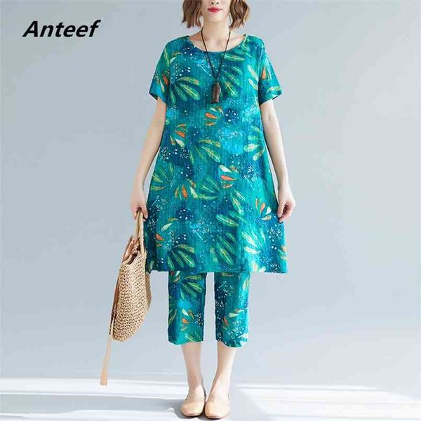 

vintage floral plus size 2 two piece set women casual loose midi summer dress elegant clothes ladies dresses pants sundress 210517, Black;gray