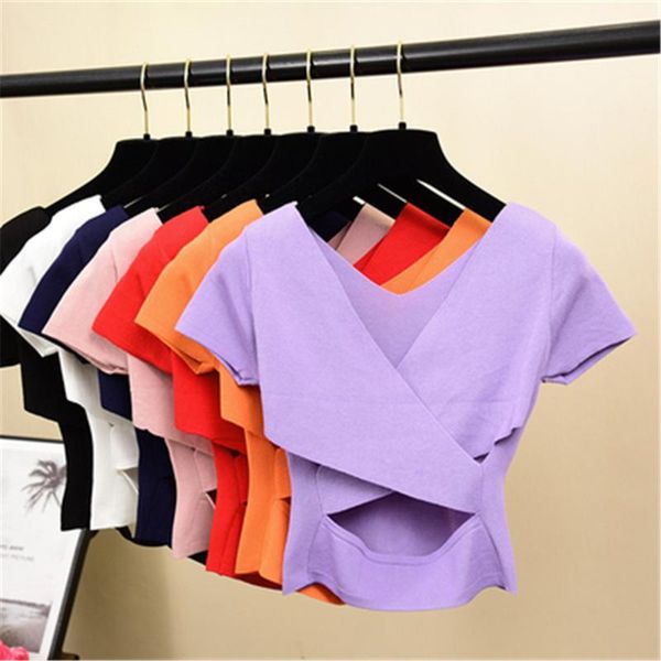 

women's t-shirt 2021 fashion v neck slim summer knit casual women t shirt short tee backless crop bodycon sleeve tshirt, White