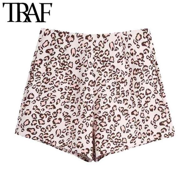 

women chic fashion animal print side pockets shorts vintage high waist back zipper female short pants mujer 210507, White;black