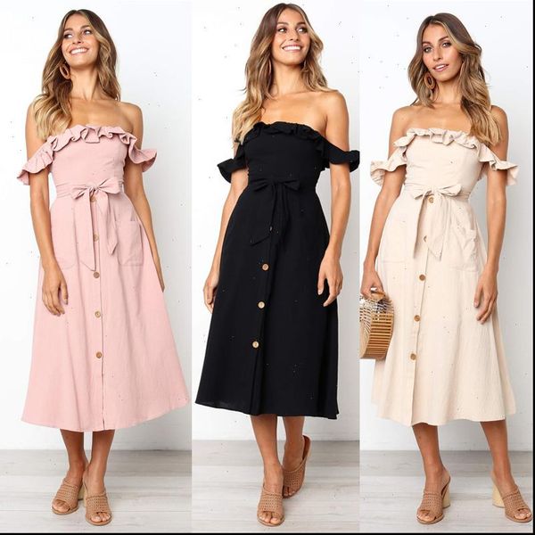 

elegant backless womens dress women summer ruffles casual off shoulder strapless sundress female vintage midi dresses, Black;gray