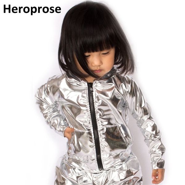 Frühling Herbst Kinder Silber bomber Jacke Bühne Leistung Tragen paillette feminina casaco Hip Hop tanz mantel 211011