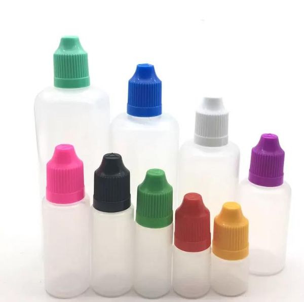 2022 nuova fabbrica all'ingrosso LDPE Eye liquido goccia bottiglia bottiglie di plastica colorato tappo a prova di bambino punta lunga e sottile E liquido 100ml bottiglia contagocce