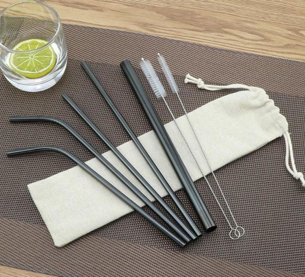 

7pcs/set reusable metal drinking straws 304 stainless steel sturdy bent straight drinks straw with cleaning brush for bar