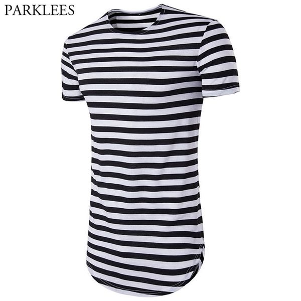 

striped longline t shirt men summer new short sleeve extra long mens t shirts hip hop hi street tees camisetas hombre 210324, White;black