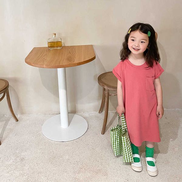 

summer girls solid color loose sleeveless stright dresses cotton casual split mid-length t shirts 210615, Red;yellow