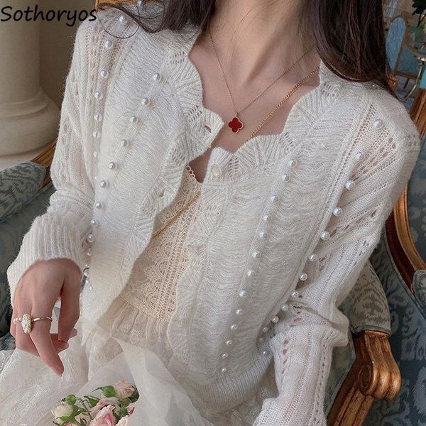 

women's knits & tees women cardigans solid single breasted pearl sweet retro tender elegant stylish designed knitted crop temperament, White