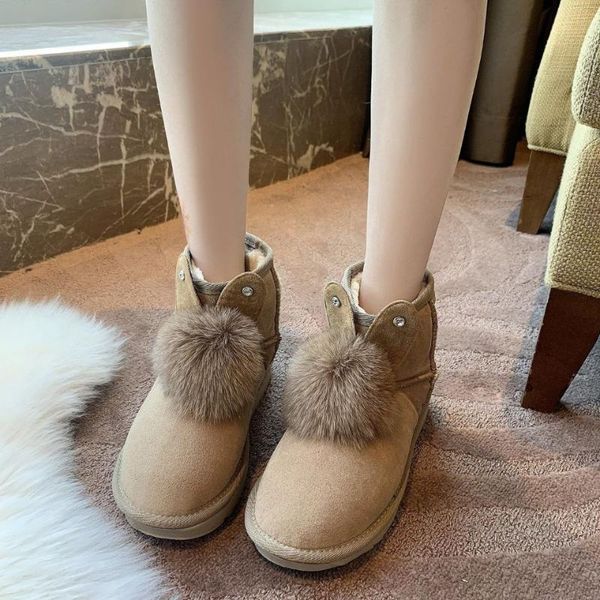 

boots winter all-match plush thickened snow outdoor lovely hair ball comfortable non-slip cotton shoes, Black