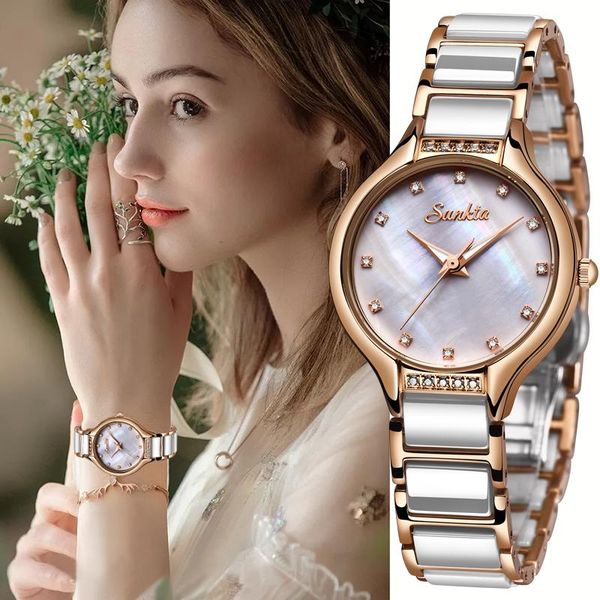 

wristwatches sunkta luxury ladies watch fashion creative brand rose gold women wrist watches ceramics strap waterproof clock relogio feminin, Slivery;brown