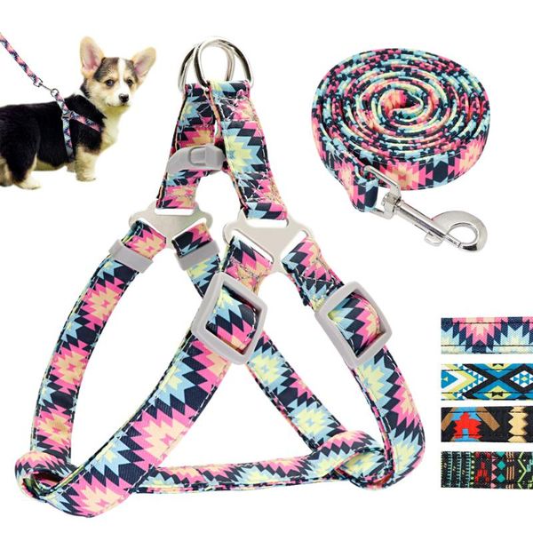 

adjustable small dog cat harness leash set nylon printed puppy vest pet outdoor walking training lead collars & leashes