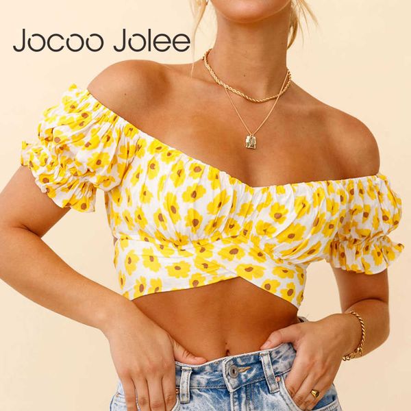 

jocoo jolee floral print backless women mini crop summer off shoulder puff sleeve shirt slash neck slim blouse 210619, White