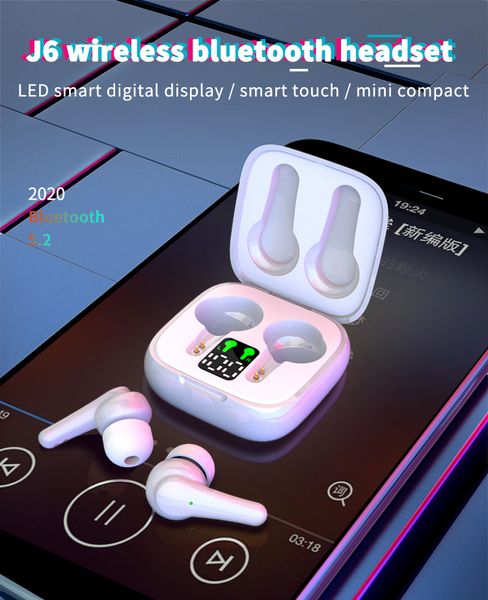 Vero auricolare stereo Display di alimentazione a LED Sport Auricolari wireless IPX5 Auricolari Bluetooth impermeabili Cuffie TWS in-ear J6
