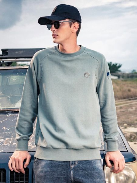 

men moon & geo embroidery raglan sleeve sweatshirt b2nk#, Black