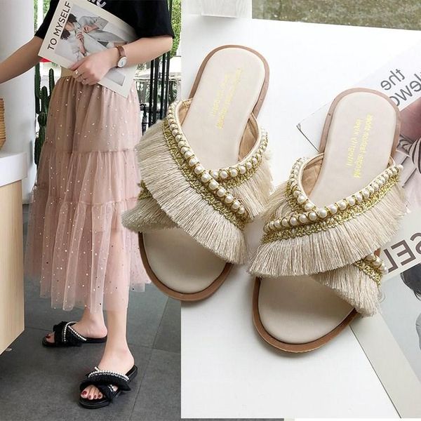 

slippers summer fringed women bohemia beach shoes outside slip on flats female slides open toe plus size flip flops, Black