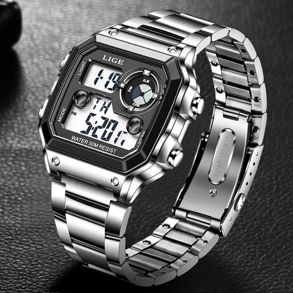 

wristwatches lige electronic watch business date waterproof men watches stainless steel alarm clock luminous, Slivery;brown