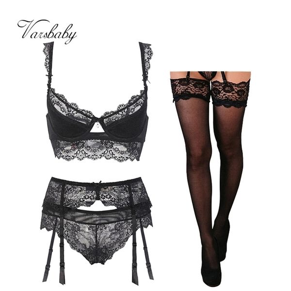 

varsbaby thin cotton lace comfortable breathable bra set 4 piece bra+panties+garter+stockings 211104, Red;black