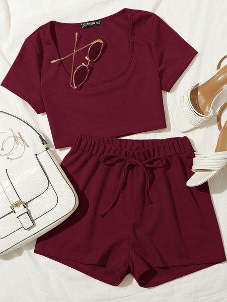 

scoop neck crop tee & tie waist shorts set f1i8#, White