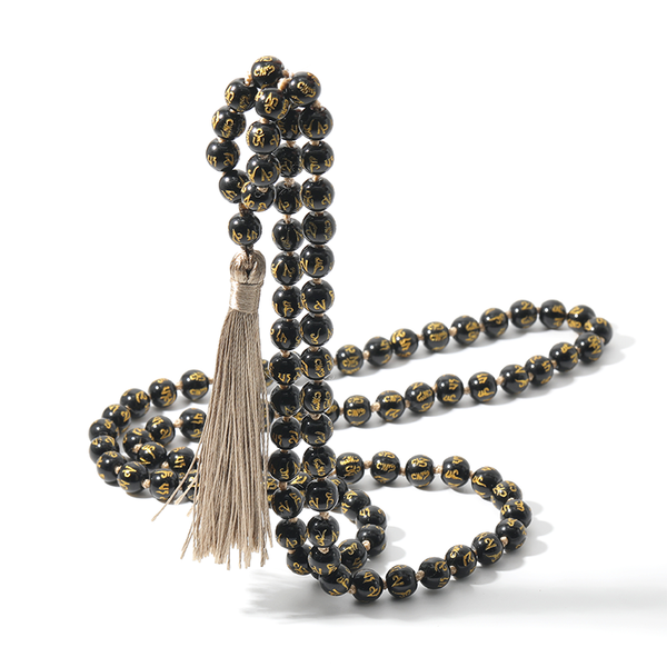 

six words mantra obsidian mala beaded and knotted necklace blessing meditation yoga tibetan japamala tassel jewelry pendant necklaces, Silver