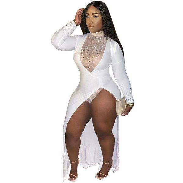 

cutubly s-4xl plus size women set outfits diamonds two piece dress sheer mesh bodysuit long sleeve split maxi women's tracksuits, Gray