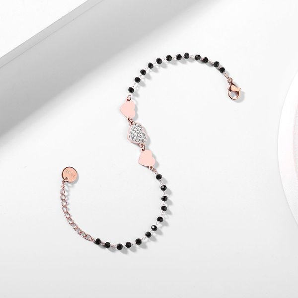 

stainless rose gold three heart charms black crystal beads chain bracelet for women 2020 steel jewelry new gifts, Golden;silver