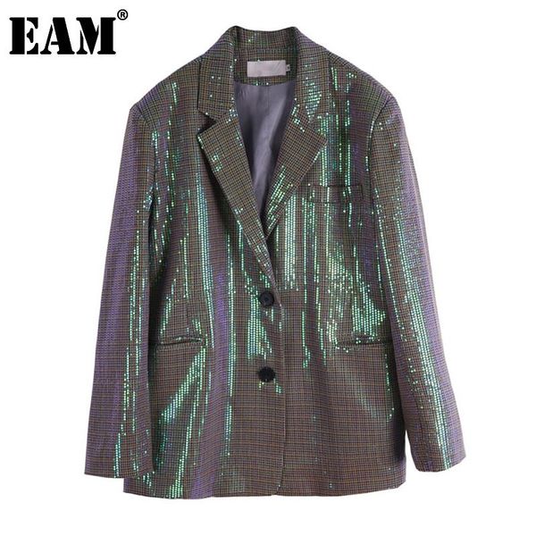 

women's suits & blazers [eam] women shining sequins split joint blazer lapel long sleeve loose fit jacket fashion tide spring autumn 20, White;black