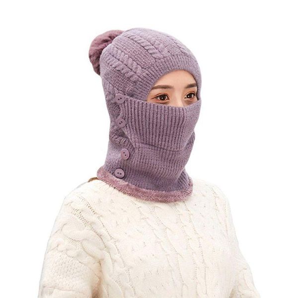 Beralar Kadın Polar Dizli Balaclava Örme Beanie Eşarp ve Yüz Kapağı Seti 3in1 Kış Boyun Içılı Pompom Bayanlar Sıcak Earmuff Hat