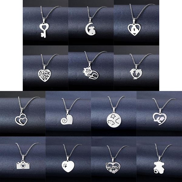 

pendant necklaces silver color stainless steel necklace for women men cute heart dolphin cat long chain jewelry ornament