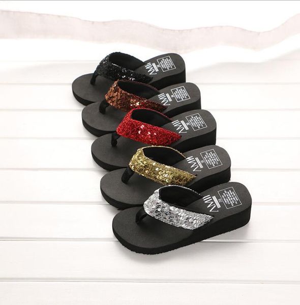 

style summer sequins wedge flip-flops for women's home wear slippers, Black