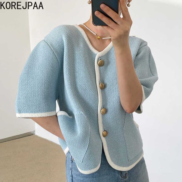 

korejpaa women jackets summer french style v-neck trim contrast color chic button double pockets puff sleeve knitted jacket 210526, Black;brown