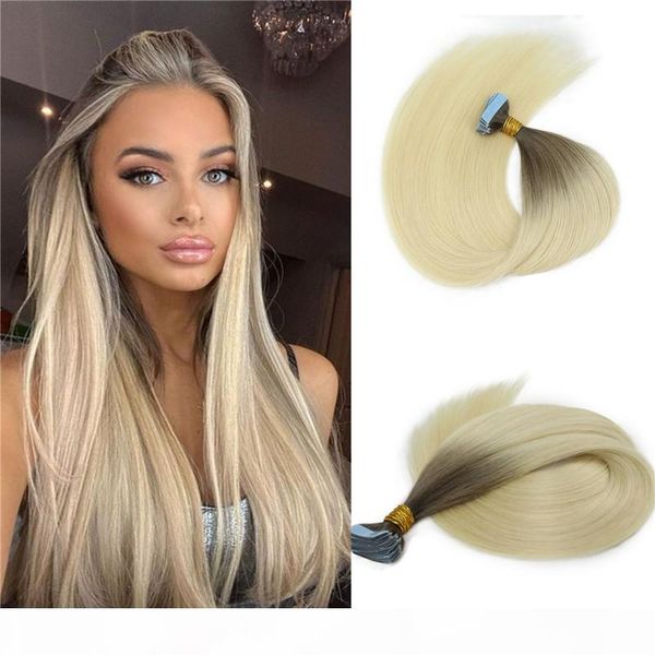 

highest quality virgin russian tape in hair extensions ombre blonde human hair skin weft invisiable tape on hair extensions 100g 40pcs, Black