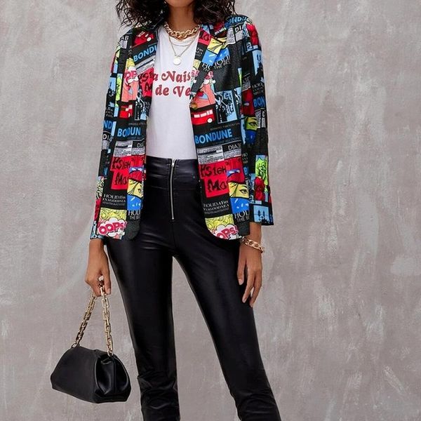 

women's suits & blazers spring plus size fashion jacket elegant ladies spaper printing retro casual streetwear suit, White;black