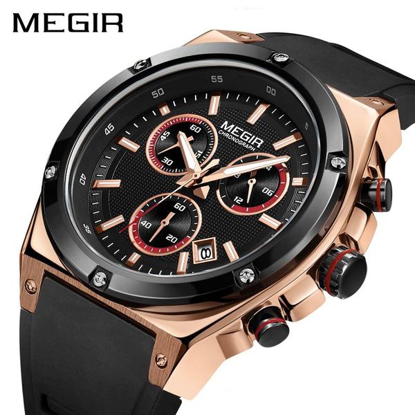 

wristwatches megir sport men watch chronograph quartz watches relogio masculino silicone army military wristwatch clock, Slivery;brown