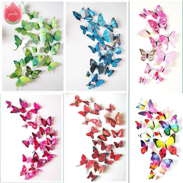 

12pcs diy lifelike 3d multicolor butterfly magnet fridge wall stickers kids baby rooms kitchen home decoration glue