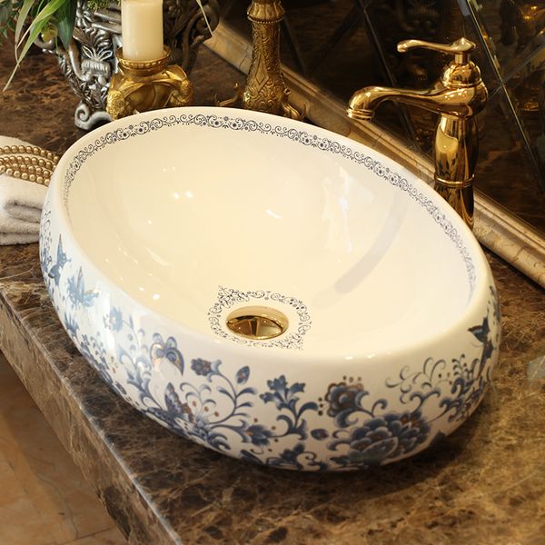 Balcão de cerâmica Oval Top Wash Basin Brookroom Pintado à Mão da embarcação do banheiro Pias de barco decorativo azul e branco