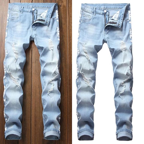 

men's jeans locomotive ripped denim trousers fashion brand swag skinny, Blue