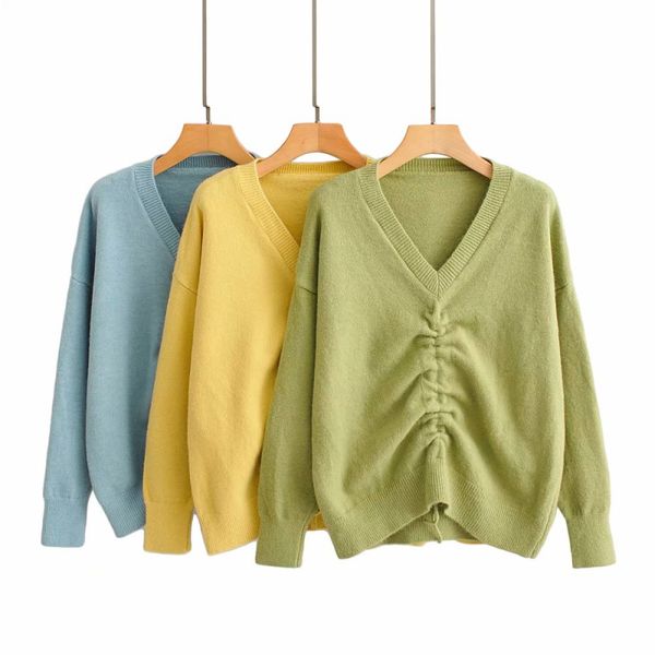 

casual woman loose v neck drawstring sweaters spring autumn fashion oversized soft knitwear girls sweet knitted 210515, White;black