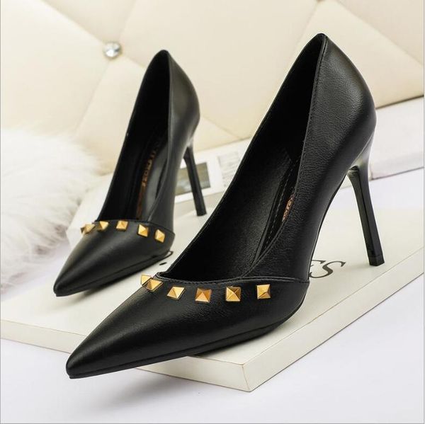 

dress shoes women's pumps pu leather nude black red white rivet pointed toe high heels paty fashion office lady size34-39 women