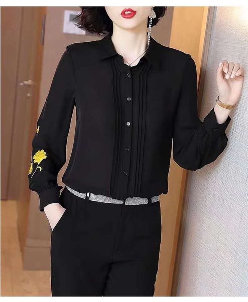 

capris latest designer blouses 2021 spring summer black shirt women turn-down collar yellow floral print long sleeve elegant shirts, Black;gray