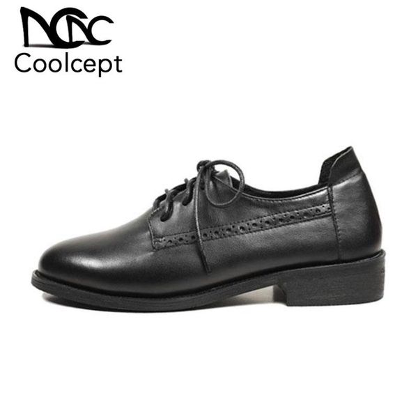 

dress shoes coolcept women pumps square heels cross strap real leather fashion academic style daily footwear size 33-40, Black