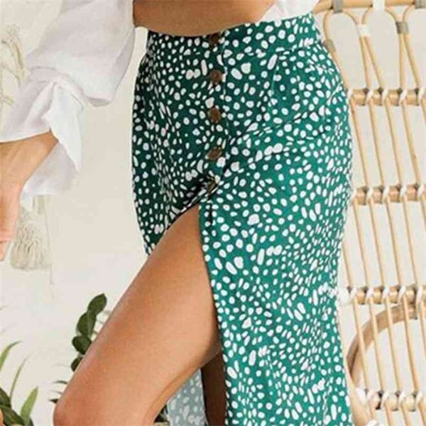 

summer fashion women's side slit skirts print single breasted blue ladies chiffon skirt elegant beach loose female clothing 210708, Black