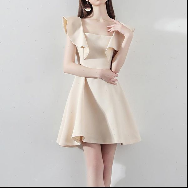 

womens dress elegant women mini party petal sleeve slim beige vestidos, Black;gray