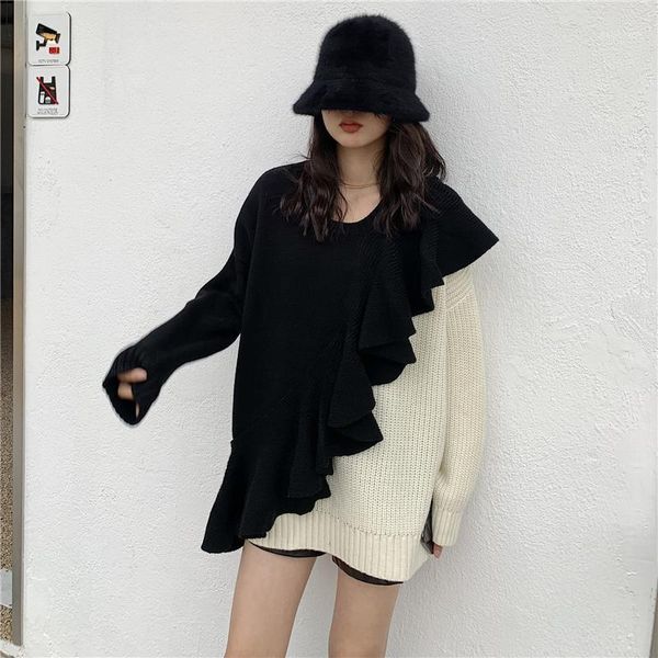 

women's sweaters [ewq] 2021 spring women gentle casual round neck loose soft patchwork long sleeve pullover knit ruffles sweater 8q953, White;black