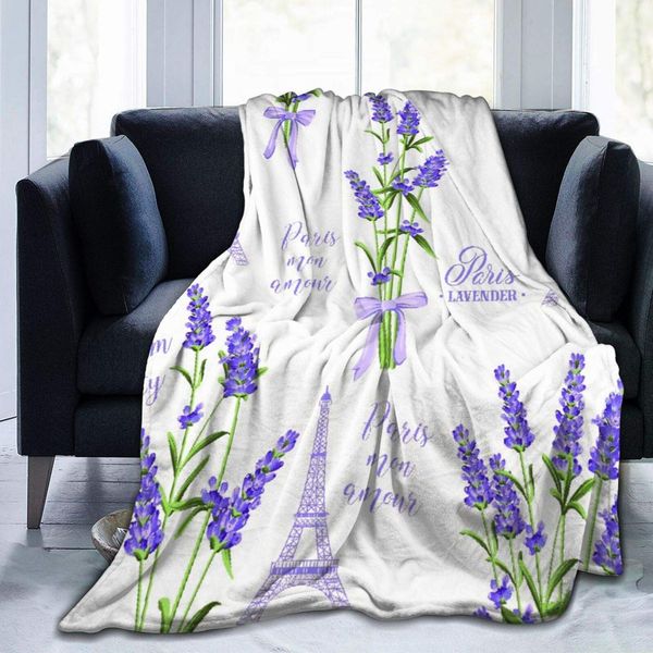 

Ultra-Soft Micro Fleece Blanket,Fabric Pattern with Lavender Flowers and Eiffel Tower,Home Decor Warm Throw Blanket for Couch