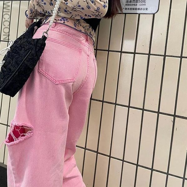

women's jeans large size pink side ripped for women 2021 high waist straight slimming wide-leg pants casual, Blue