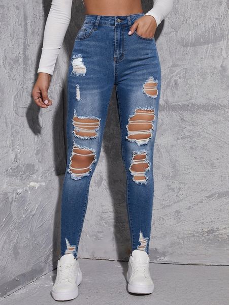 

high waist ripped frayed bleach wash skinny jeans d0yz#, Blue
