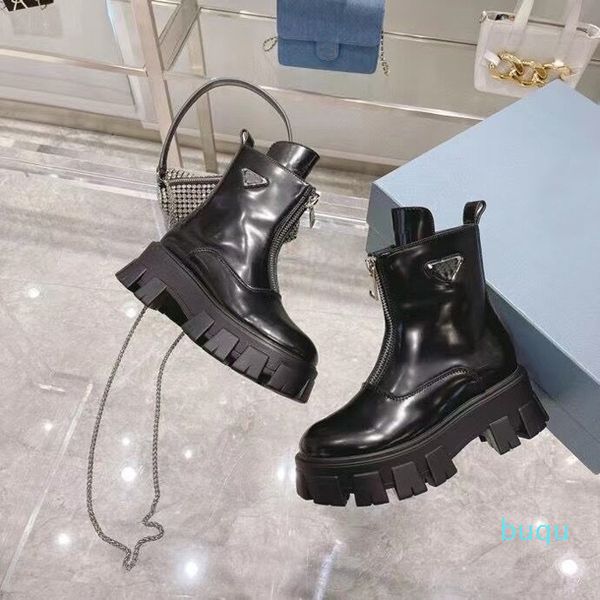

designer- women's black and white high qality gear zipper boots solid color thick soled shoes ankle robot short motorcycle