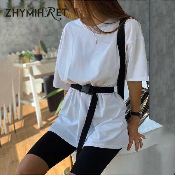

zhymihret summer t shirt and biker shorts two pieces set sashes women o neck 2 piece set with belts household clothing 210707, White