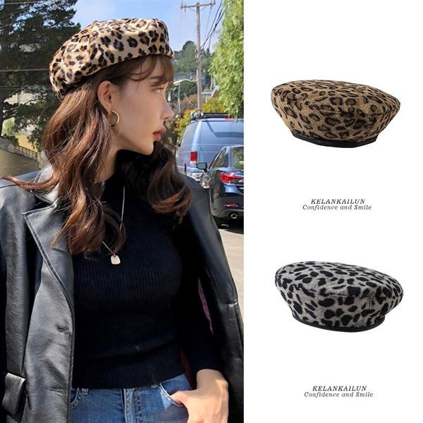 

beanies women leopard print beret hat winter autumn warm painter cap retro british style octagonal navy casual outdoor sboy