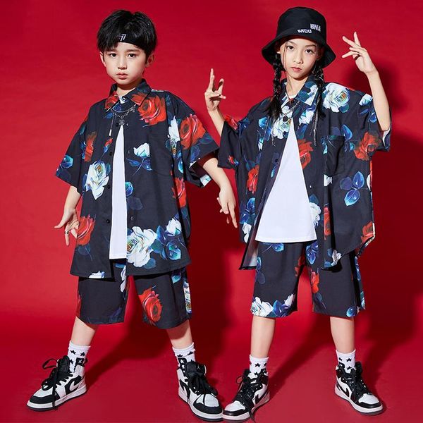 

stage wear ballroom hip hop dancing clothes kids short sleeved shirts pants printing suit modern performance street bl6732, Black;red