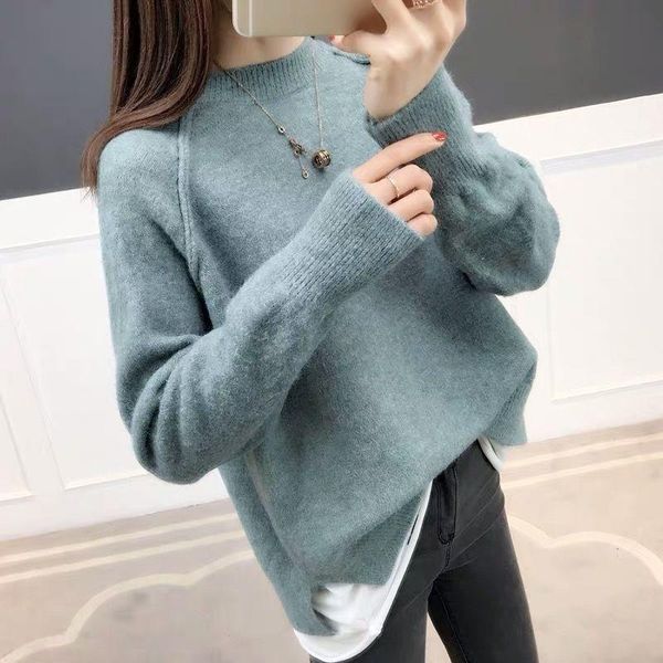 

women's sweaters autumn sweater round neck loose knitted fake two korean hole stitching casual bottoming shirt, White;black